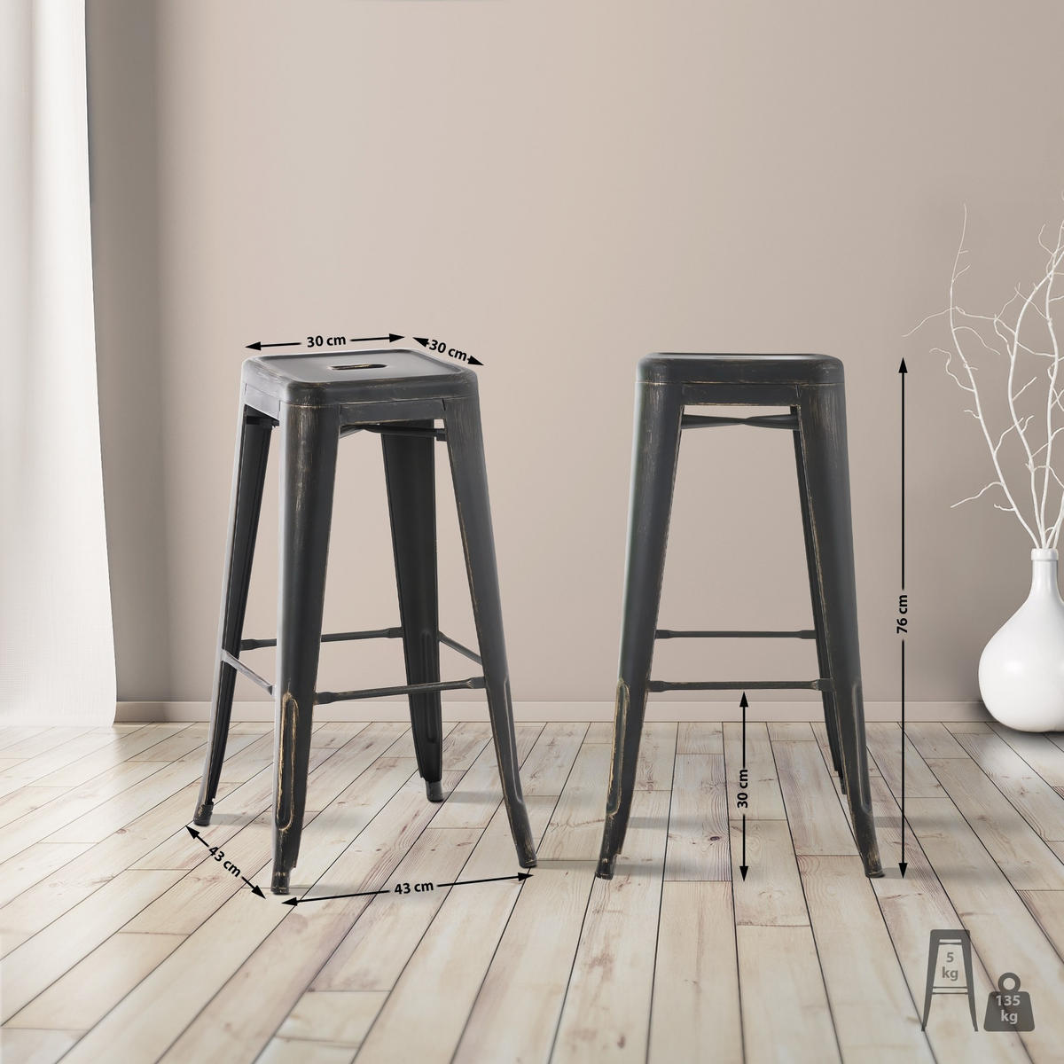 BARHOCKER Joshua Set 2-teilig 76x43x43 cm schwarz-gold - Schwarz, Metall (43/76/43cm) - furnicato