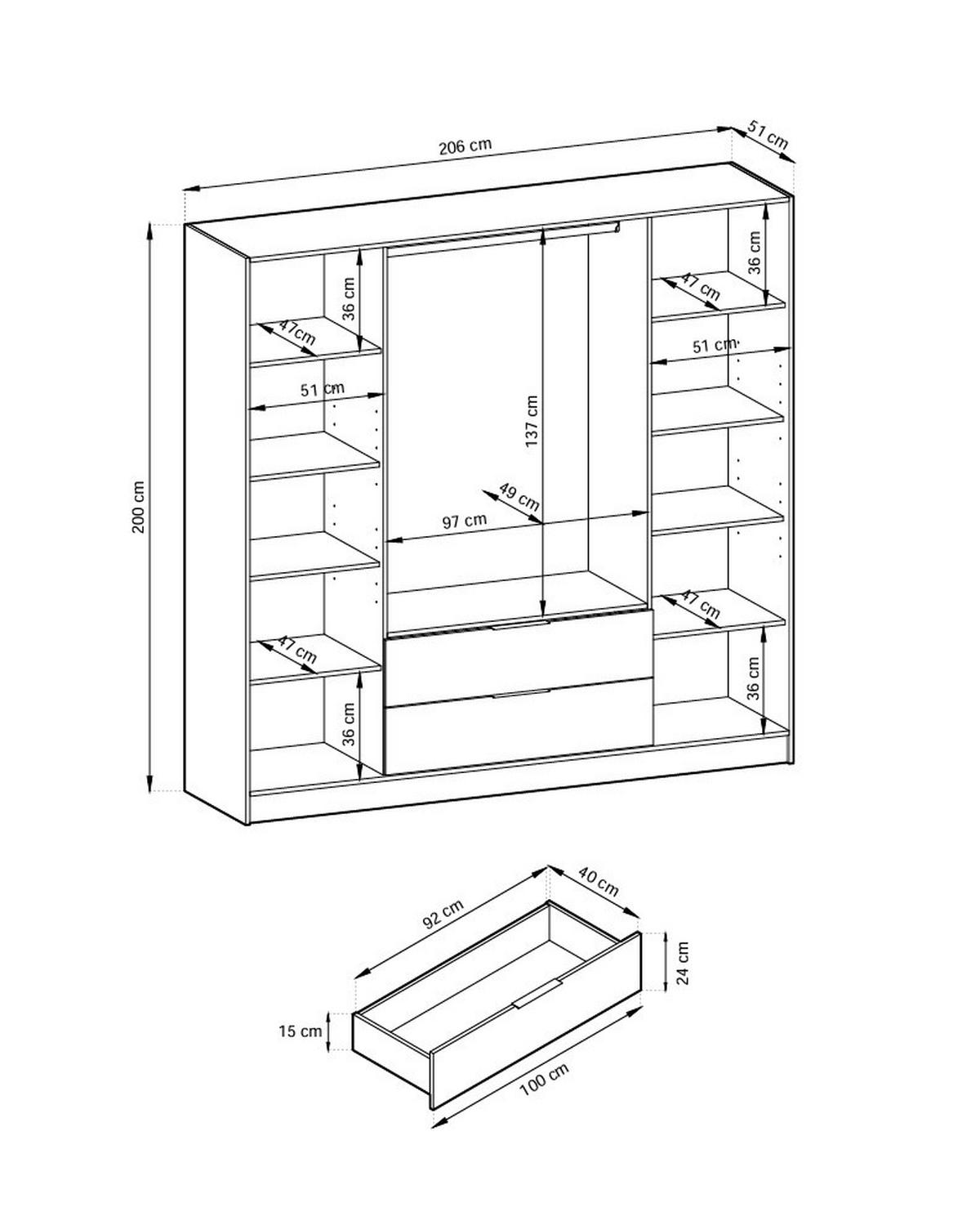 KLEIDERSCHRANK Stilo in Eiche Artisan, viertürig, mit Spiegel und Lamellen an der Front - Schwarz/Eiche Artisan, Holzwerkstoff/Kunststoff (206/200/51cm) - Ravio