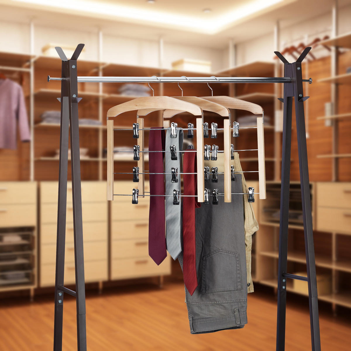 SÚPRAVA vešiakov na sukne - svetlohnedá, kov/drevo (39/45.5/2.5cm) - Relaxdays