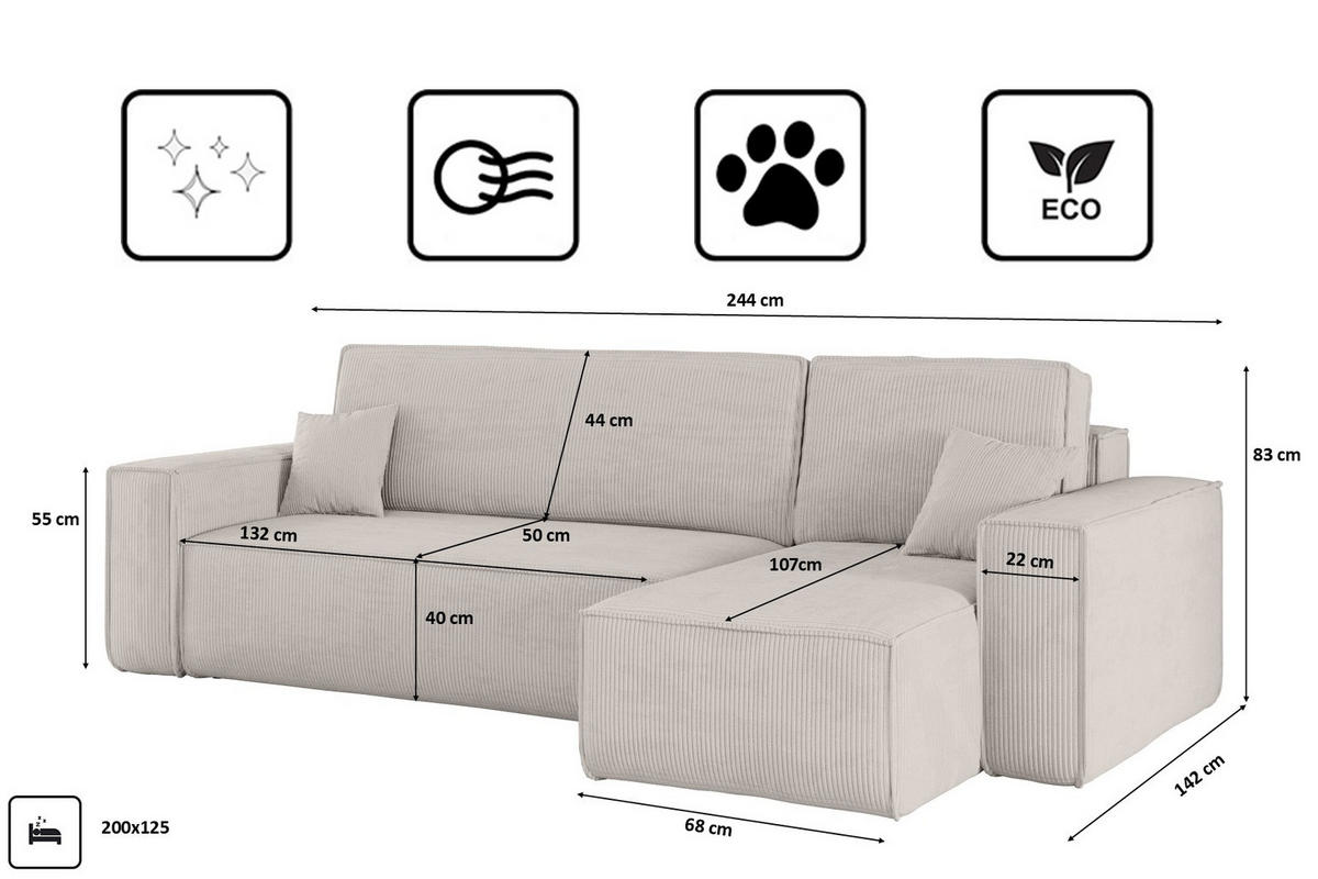 ECKSOFA Mit Schlaffunktion Und Bettkasten BEST Stoff Poso Dicker Cord Beige Rechts - Beige, Holz/Textil (244/142cm) - Kaiser Möbel