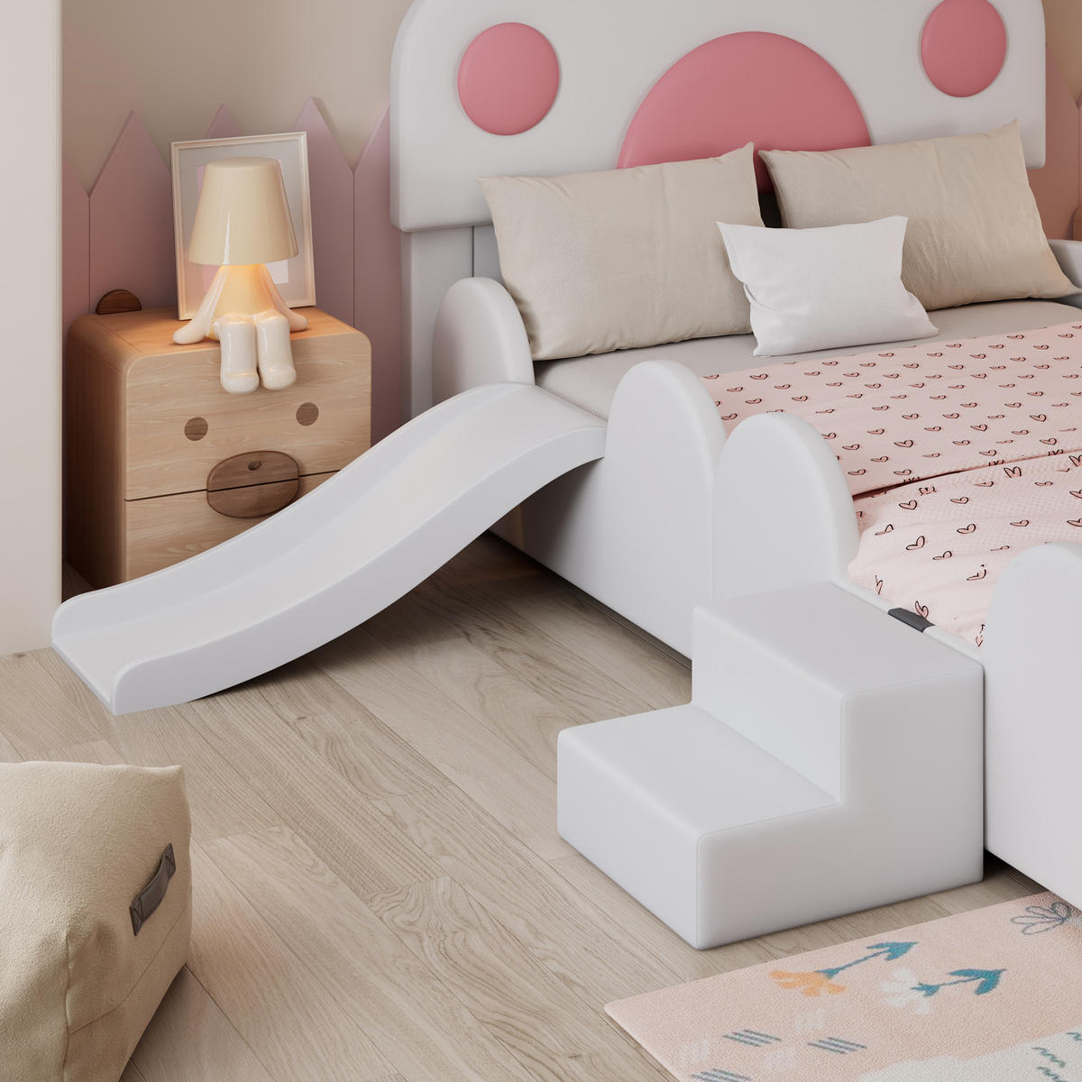 KINDERBETT 90/200 mit Rutsche und Leiter in Weiß und Rosa - Weiß/Rosa, Holzwerkstoff/Textil (90/200cm) - EVRYAE