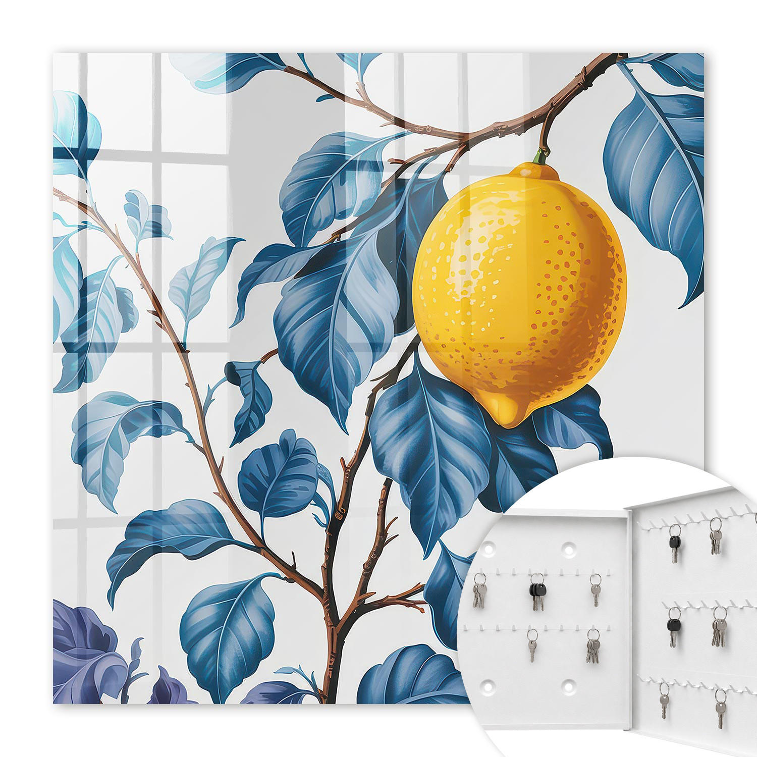 SCHLÜSSELBOX Weiß 30x30 cm – Türöffnung nach rechts - Zitronenblätter - Blau, Metall (30/30/5cm) - TULUP