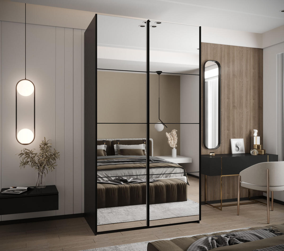 SCHWEBETÜRENSCHRANK 245,5/130/64 2-türig - Schwarz, Holz/Metall (130/245/64cm) - Abiks Möbel