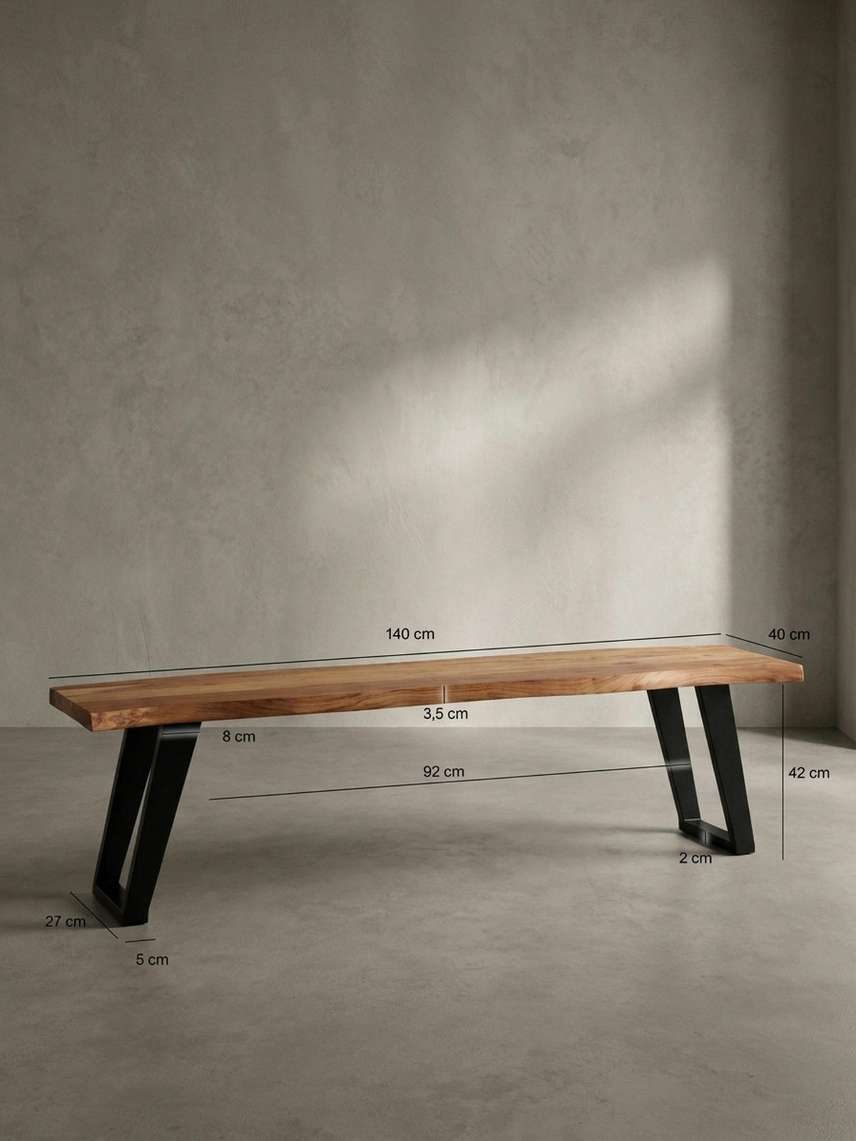 ESSZIMMERBANK Massivholz Metall Baumkante U-Beine, Akazie 140x40x46 cm - Schwarz/Braun, Holz/Metall (140/46/40cm) - KADIMA DESIGN