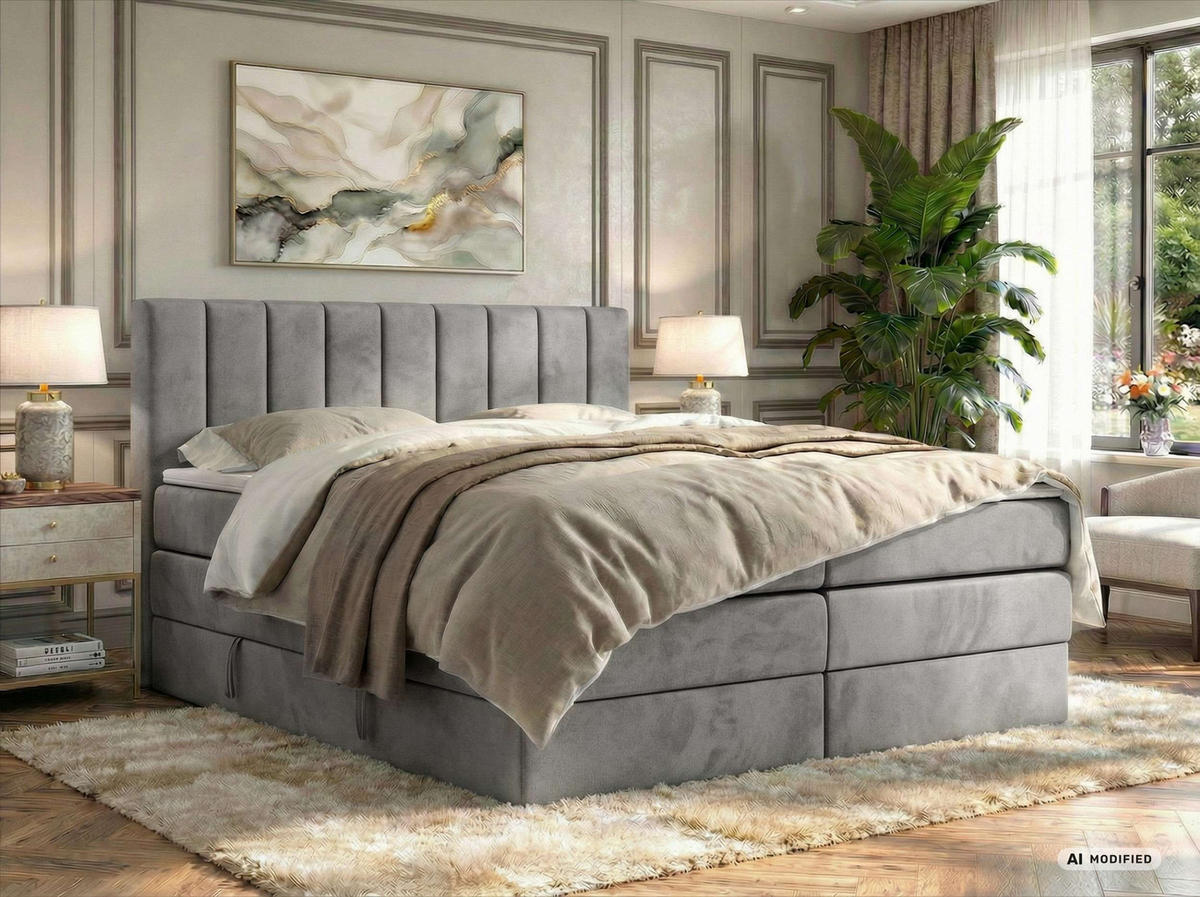 BOXSPRINGBETT ALVER KING 200/200 - Hellgrau Velvet - Topper T25 - H3 - Hellgrau/Schwarz, Kunststoff/Textil (200/200cm) - MKS
