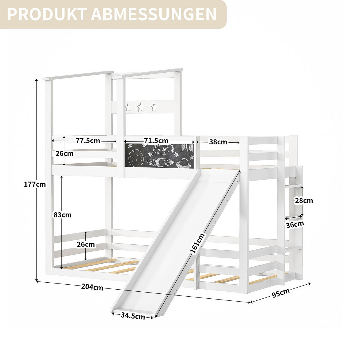 ETAGENBETT 90x200 cm Kinderbett mit Tafel, Rutsche & Stauraum - Weiß, Holz
