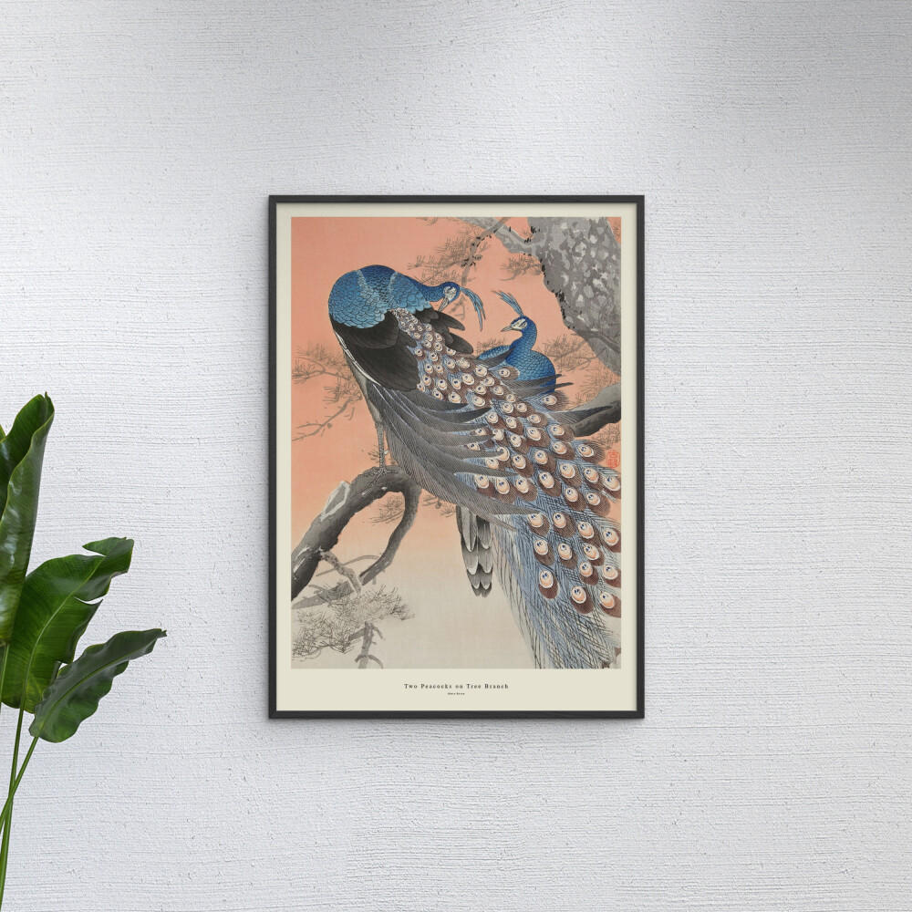 POSTER mit Rahmen A.P. Atelier - Two Peacocks on Tree Branch - Multicolor/Schwarz, Holz/Papier (70/100cm) - Poster&Frame