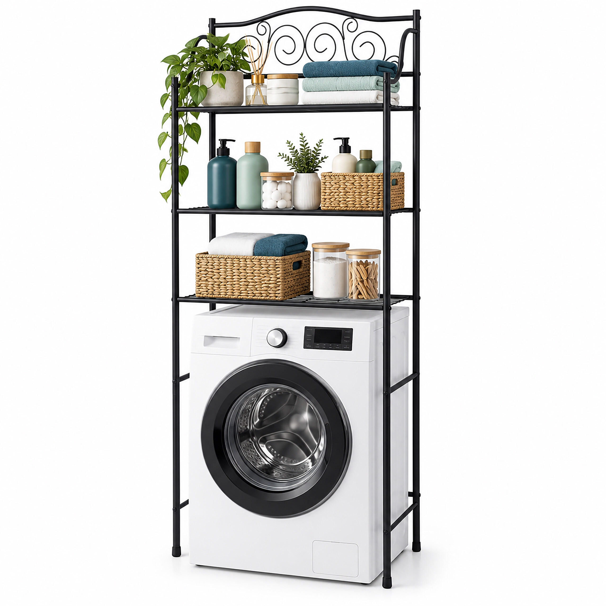 WASCHMASCHINENREGAL Schwarz Metall 3 Ablagen - Schwarz, Metall (60/163/23cm) - Relaxdays