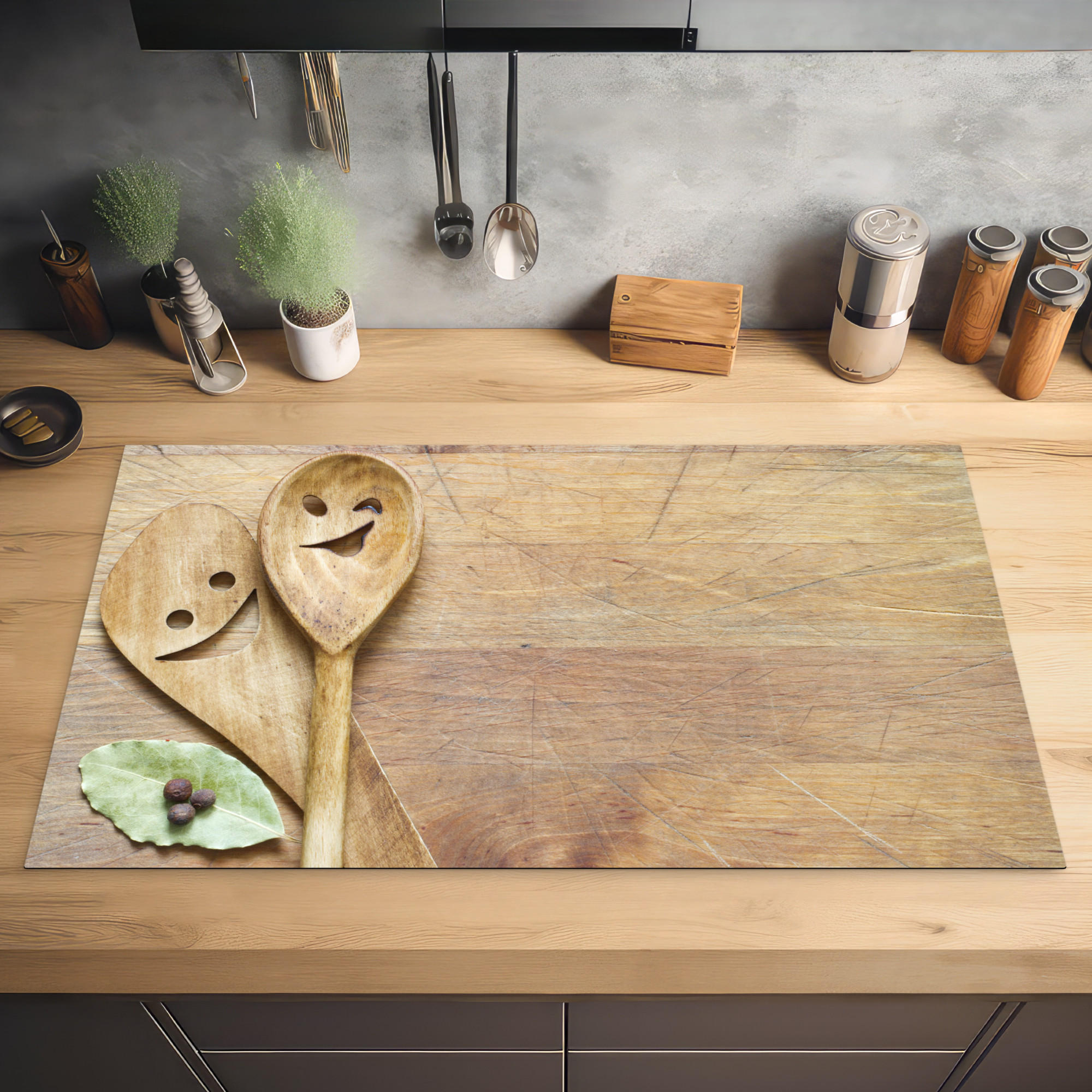 HERDABDECKPLATTE Holz - Löffel - Braun - Smiley 90x52 cm - Hellbraun, Kunststoff (90/0.2/52cm) - MuchoWow