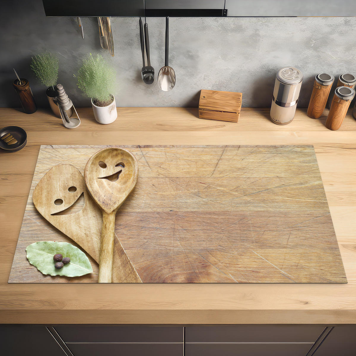 HERDABDECKPLATTE Holz - Löffel - Braun - Smiley 90x52 cm - Hellbraun, Kunststoff (90/0.2/52cm) - MuchoWow