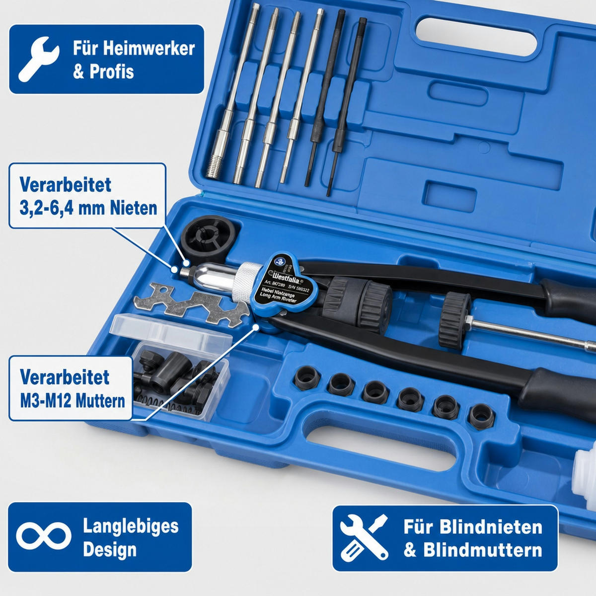 HEBEL Nietzange 2 in 1 für Blindnieten und Blindnietmuttern - Blau, Metall (4.6/2.1/1cm) - Westfalia