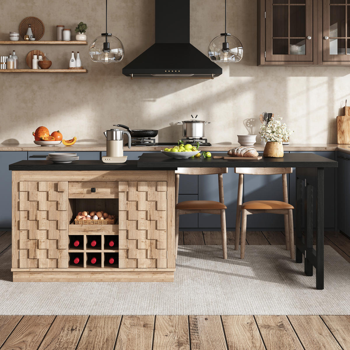 KÜCHENINSEL-ESSTISCH Naturfarben 120–197×40×74,2 cm mit 360° drehbarer Platte, Patchwork-Türen und Weinregal aus Holzwerkstoff - Naturfarben, Holzwerkstoff (120/74.2/40cm) - Luhomfu