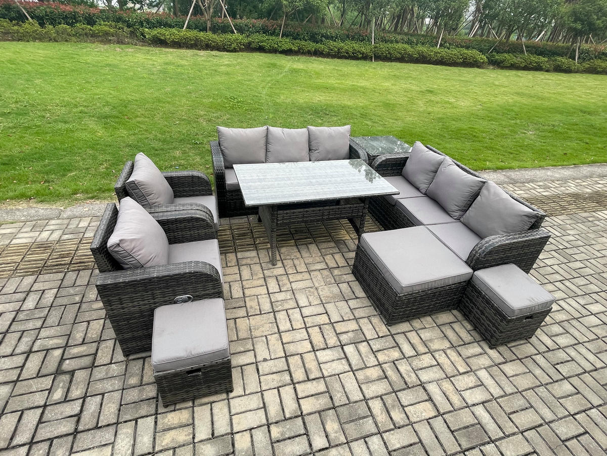 GARTENTISCHGRUPPE mit Beistelltisch,3 Hockern Polyrattan Dunkelgrau 11-Sitzer - Dunkelgrau/Grau, Glas/Kunststoff - Fimous