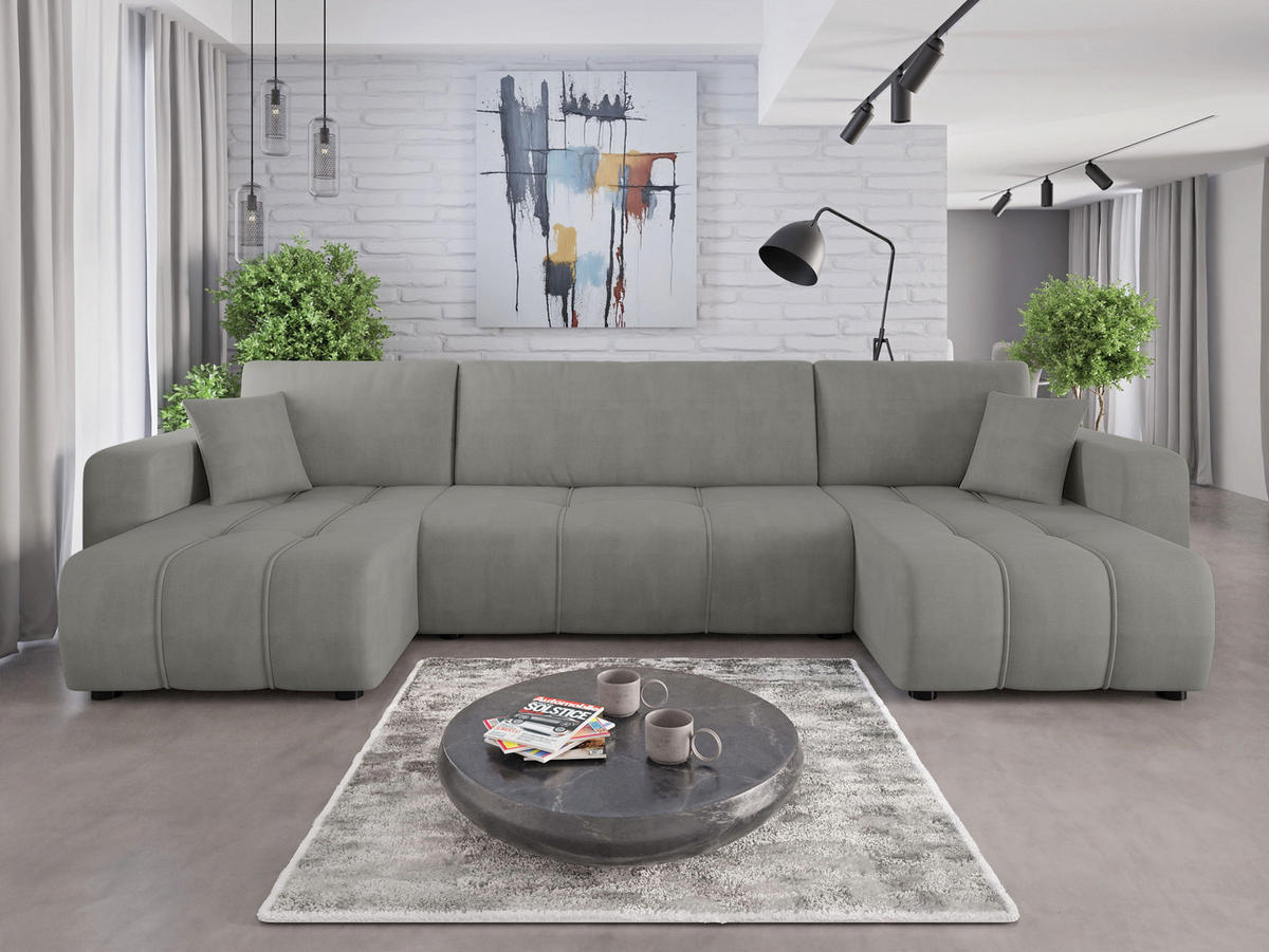 WOHNLANDSCHAFT Aice U-Form 317 cm – mit Schlaffunktion, Bettkasten, Kissen & bequemer Wellenfederung - Grau, Kunststoff (317/85/146cm) - Wohnideebilder