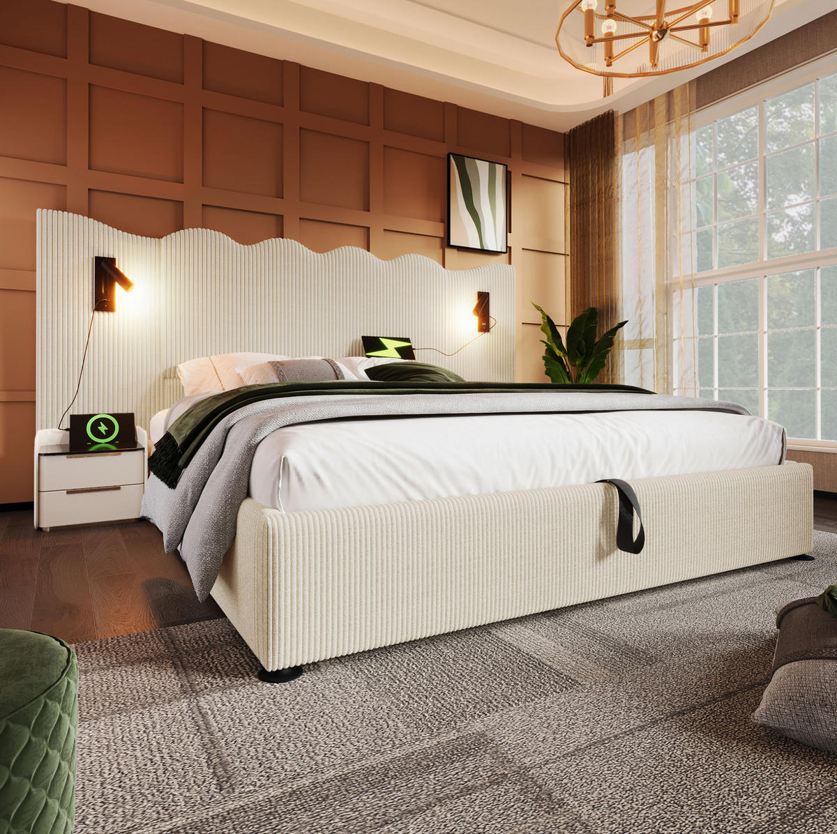BETT mit Stauraum und Leselampe 180x200 cm Cord Beige-Weiß - Beige, Metall (180/200cm) - Meubliv