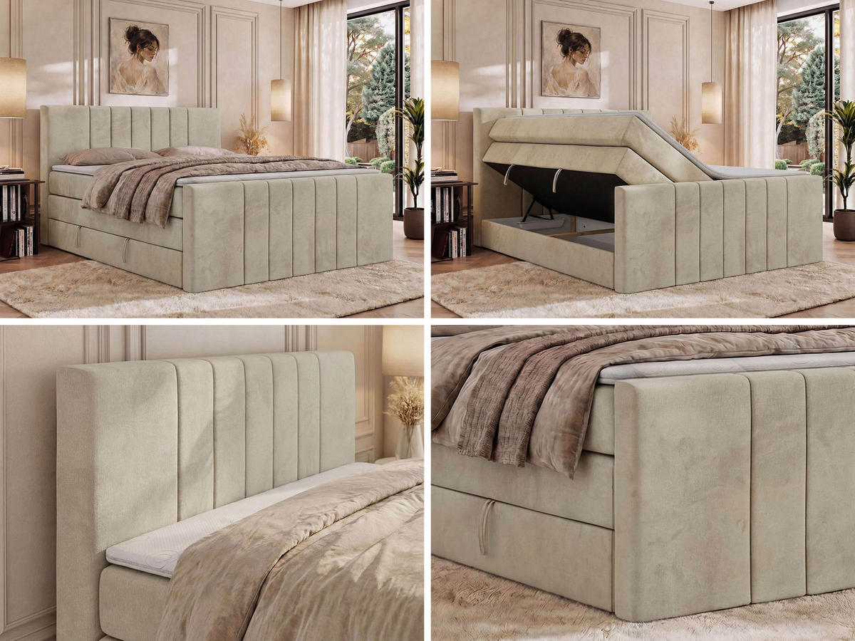 BOXSPRINGBETT INERO DUO KING 180/200 - Beige Velvet - Topper T25 - H3 - Beige/Schwarz, Kunststoff/Textil (180/200cm) - MKS