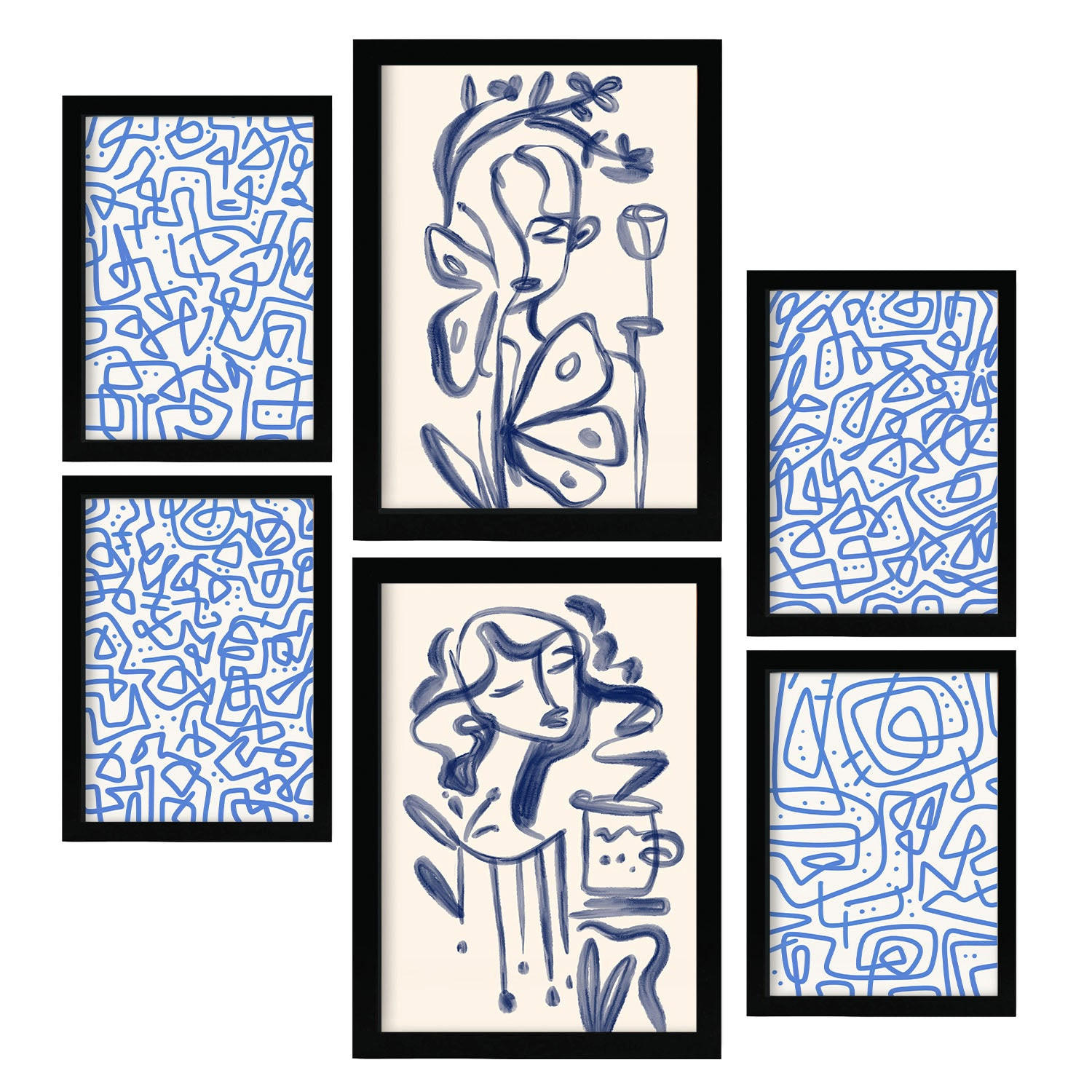 POSTER Set Mit 6 Junge Im Rahmen In Weibliche Zusammenfassung Ästhetische Dekorative Gemälde Für Ihr Wohnzimmer Zuhause A3 & A4 Schwarzer Rahmen - Schwarz, Papier (29/3cm) - Nacnic