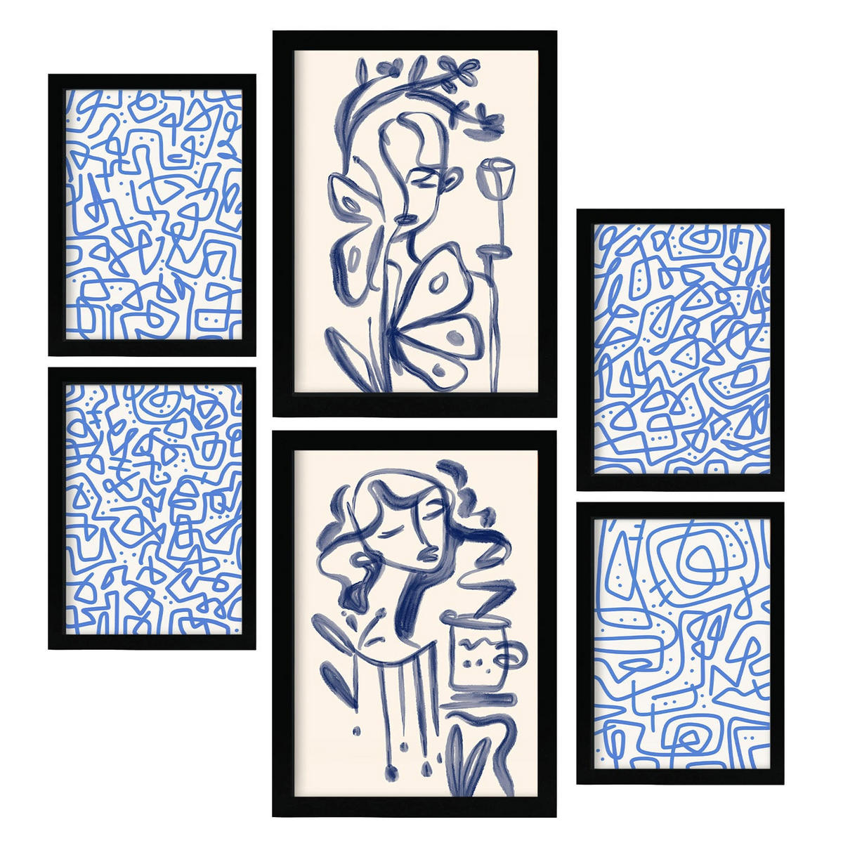 POSTER Set Mit 6 Junge Im Rahmen In Weibliche Zusammenfassung Ästhetische Dekorative Gemälde Für Ihr Wohnzimmer Zuhause A3 & A4 Schwarzer Rahmen - Schwarz, Papier (29/3cm) - Nacnic