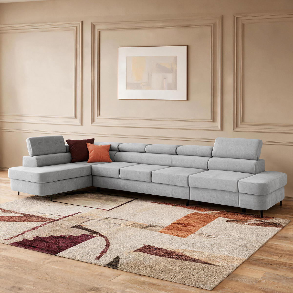 ECKSOFA PRIAM XXL L-Form Links mit Schlaffunktion 125x265 Velours Hellgrau - Hellgrau/Schwarz, Holz/Textil (203/420cm) - Muffo