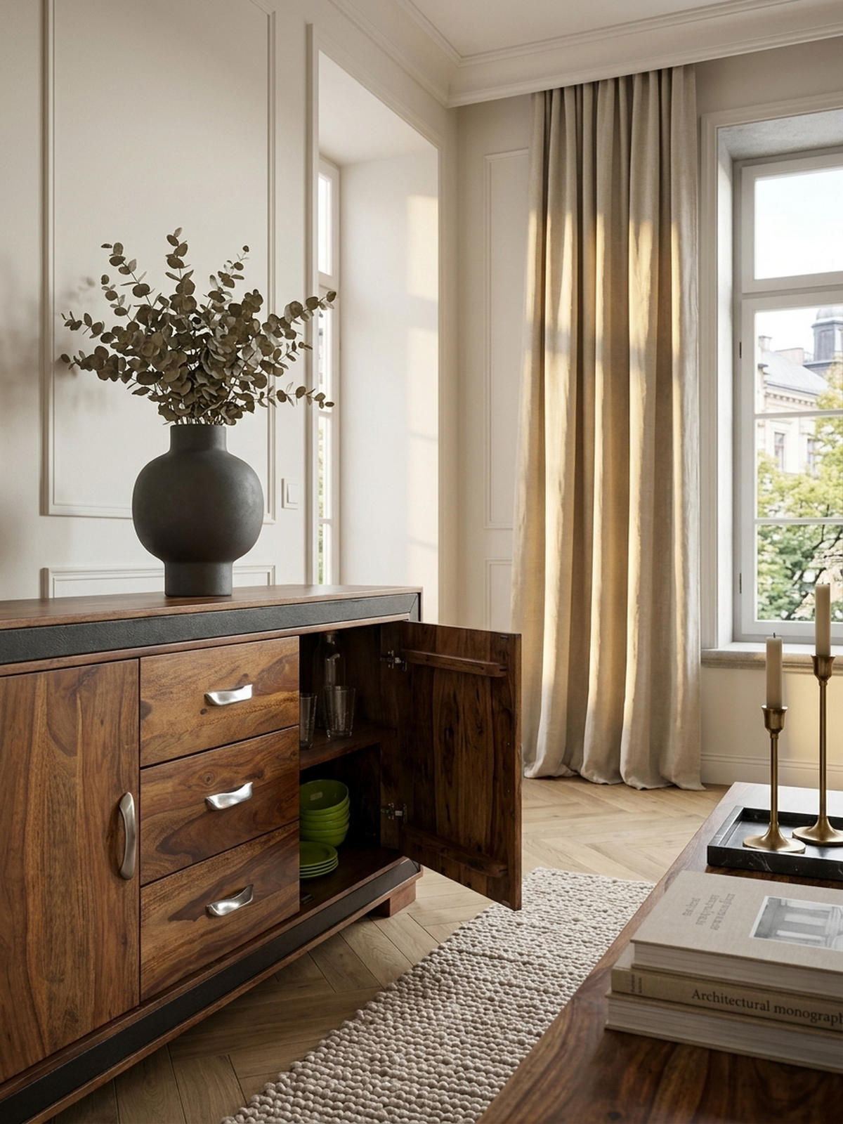 SIDEBOARD – Massivholz, Kunstleder, 160x44x80 cm, rustikal - Braun, Holz (160/80/44cm) - KADIMA DESIGN