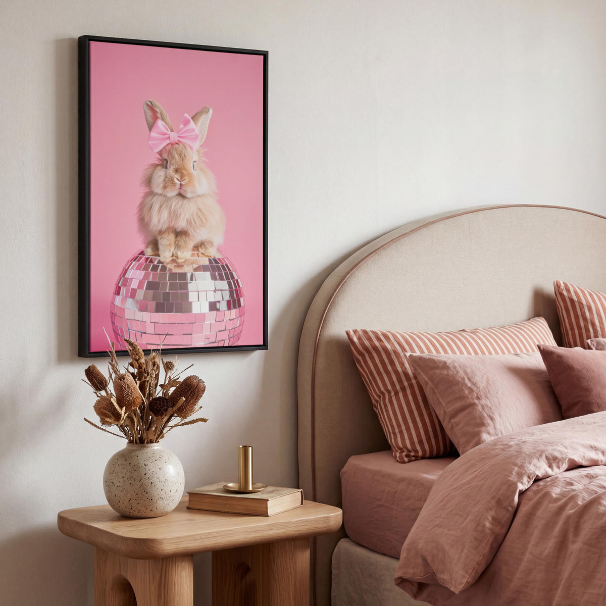 LEINWAND Bilder mit Rahmen - Schleife - Discoball - Kaninchen - 40x60 - Pink, Textil (40/60cm) - MuchoWow