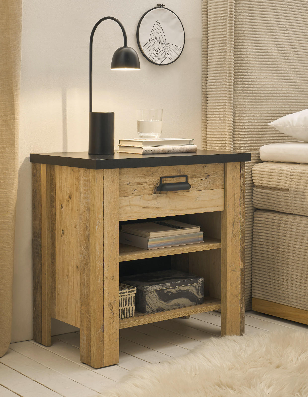 NACHTTISCH Used Wood hell, dunkles Grau 60 x 61 cm, Nachtkommode mit Schubkasten und Soft-Close - Dunkelgrau/Schwarz, Holzwerkstoff/Kunststoff (60/61/39cm) - Furn.Design
