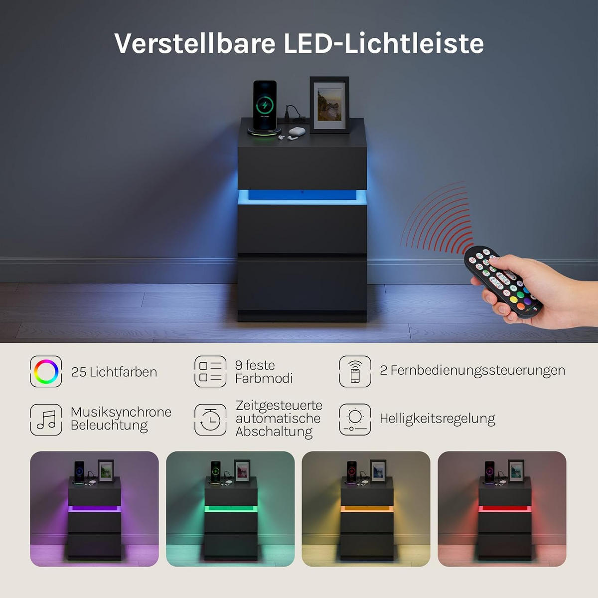 NACHTTISCH mit Ladefunktion und LED, Schwarz - Schwarz, Holzwerkstoff (40/55/35cm) - Woltu