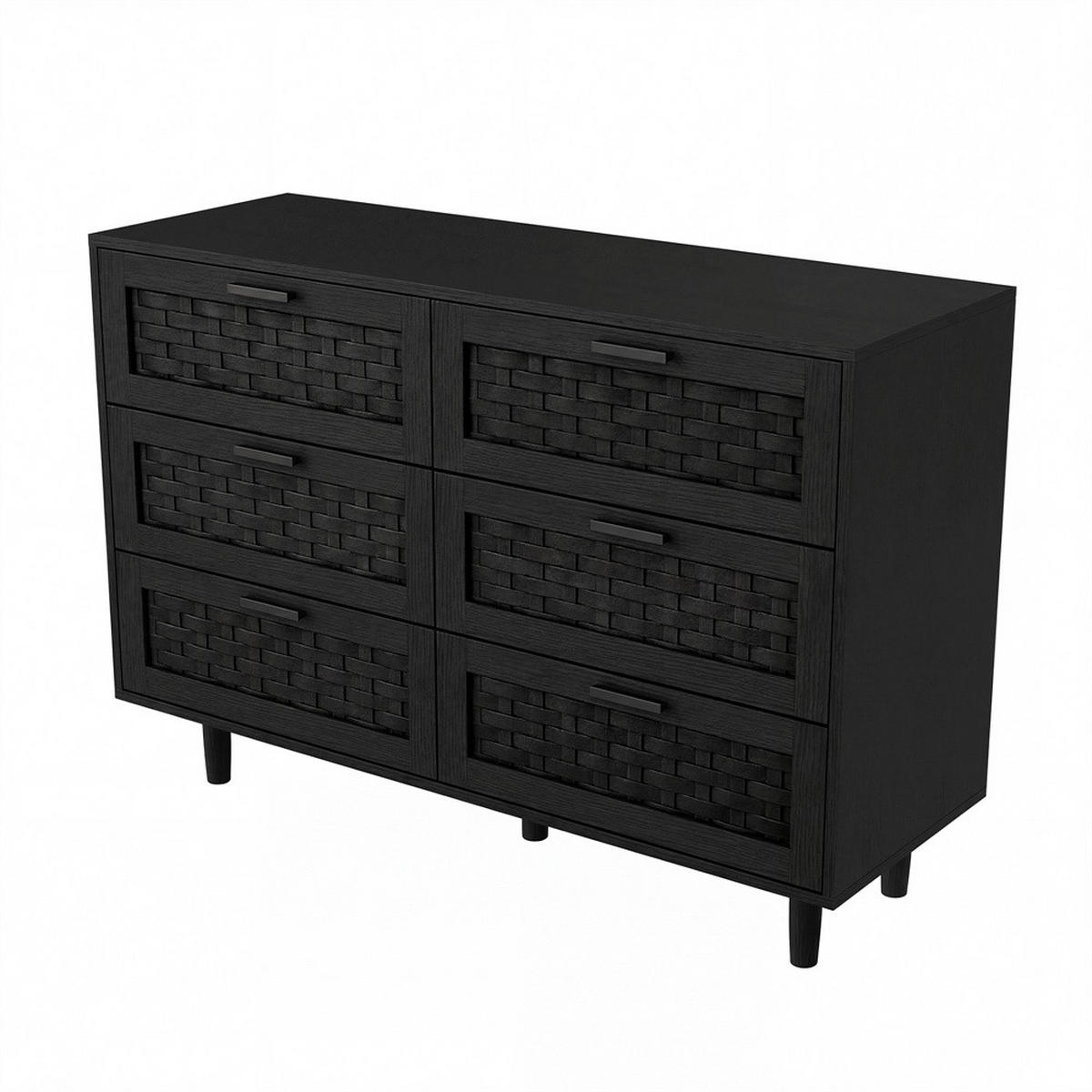 KOMMODE mit 6 Schubladen - elegante Geflecht-Optik und runde Holzbeine - Schwarz - Schwarz, Holzwerkstoff (115/80/40cm) - DELFA