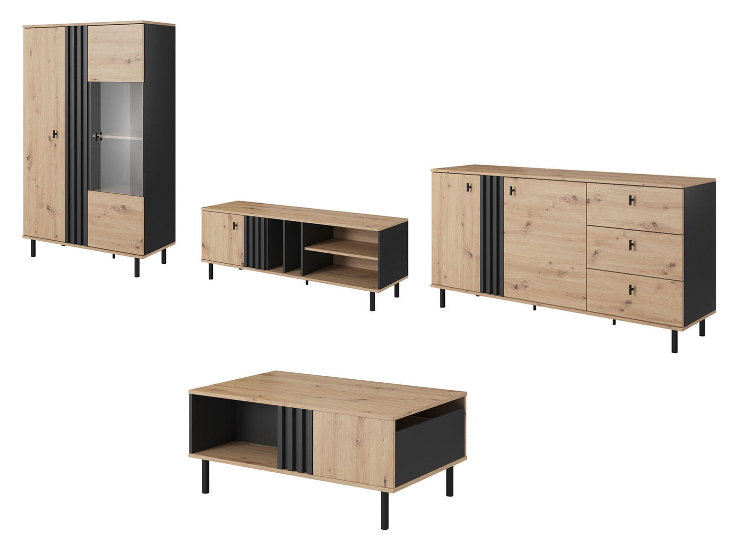 WOHNZIMMER-SET Madis sand grange eiche / anthrazit 4-teilig - Braun, Holz/Holzwerkstoff (393.3/148.8/40cm) - Feldmann-Wohnen
