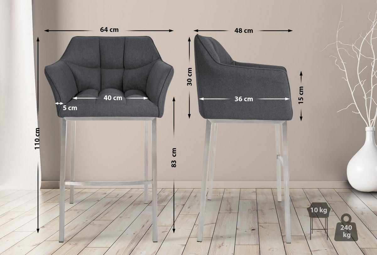 BARHOCKER Filz Grau - Edelstahlfarben/Grau, Textil/Metall (64/110/48cm) - CLP