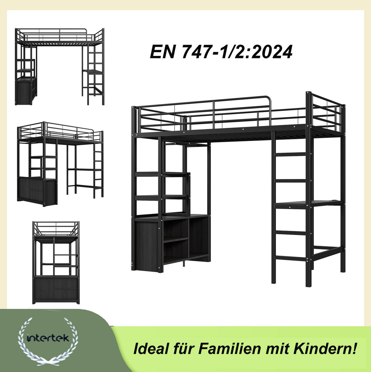 HOCHBETT 90/200 cm, Schwarz mit Schreibtisch, Steckdose und USB - Schwarz, Metall (90/200cm) - MIVRAY