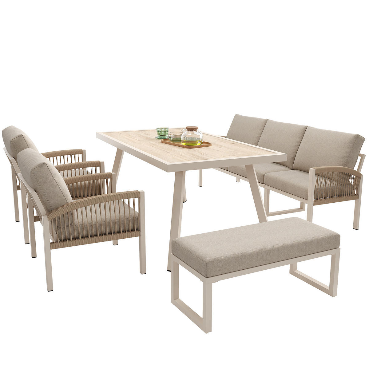 LOUNGE SESTAVA 7dílná, železná, béžová zahradní pohovka se stolkem, křesly a lavicí - béžová, kov - Urban Meuble