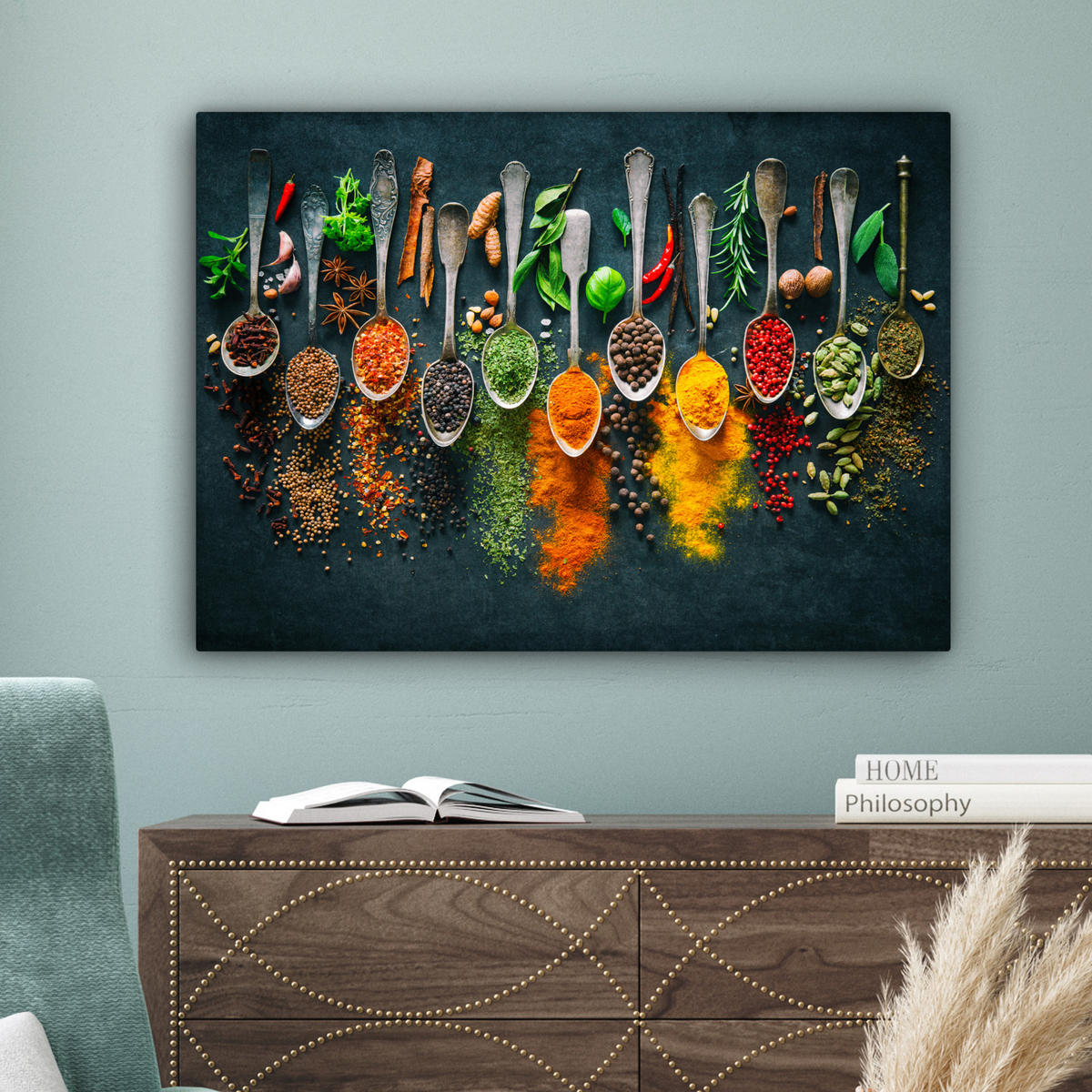 LEINWANDBILD Kräuter - Gewürze - Löffel Wandbilder 80x60 cm - Currygelb, Textil (80/60cm) - MuchoWow