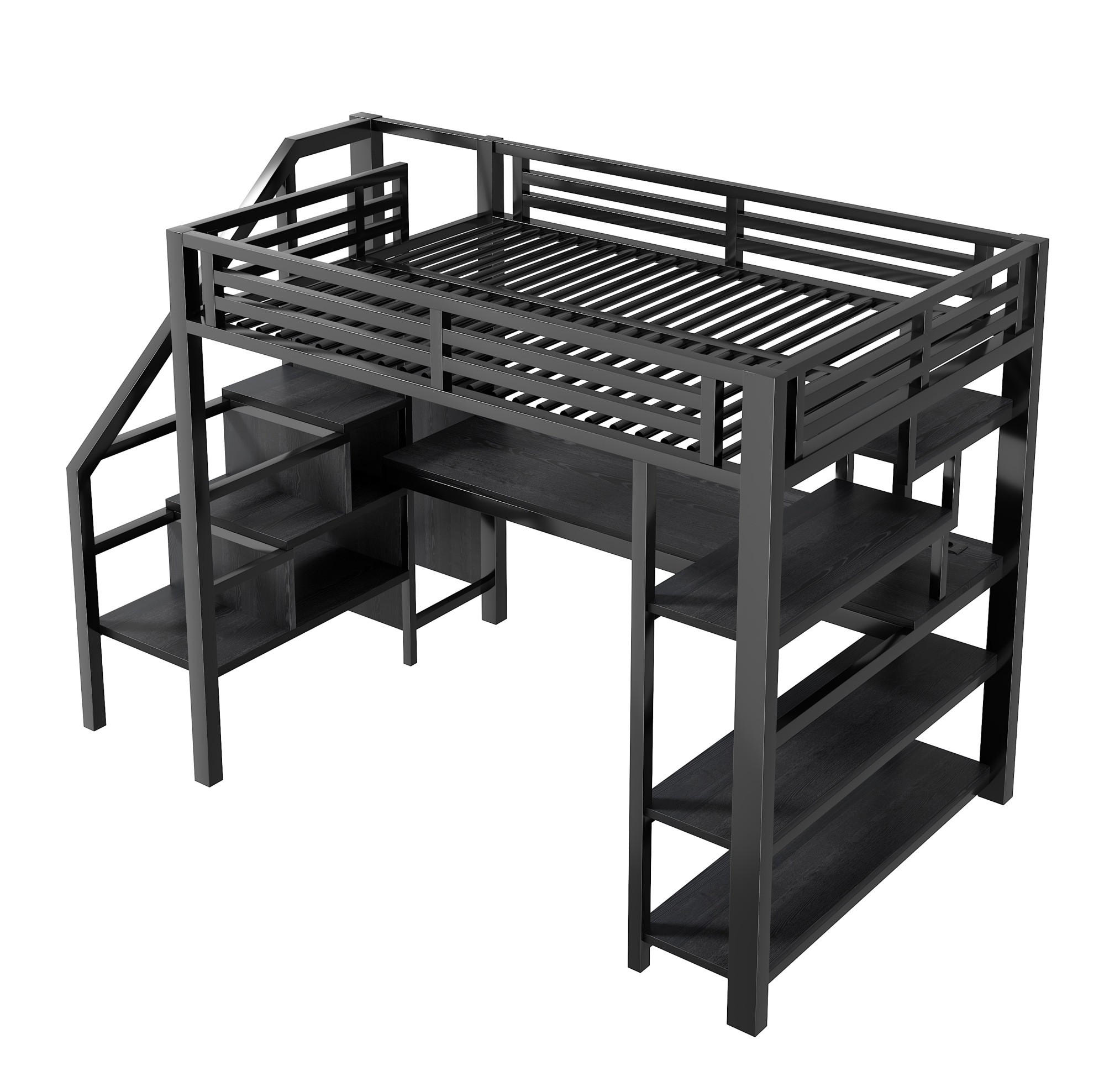 HOCHBETT 140/200 cm mit Treppe, Kleiderschrank, Schreibtisch, LED und USB-Ladestation, Schwarz - Schwarz, Holzwerkstoff (140/200cm) - Redom