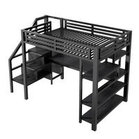 VISOKI krevet 140/200 cm s integriranim stolom, otvorenim ormarom, LED rasvjetom i USB priključkom, Crna - crna, drvni materijal (140/200cm) - Redom
