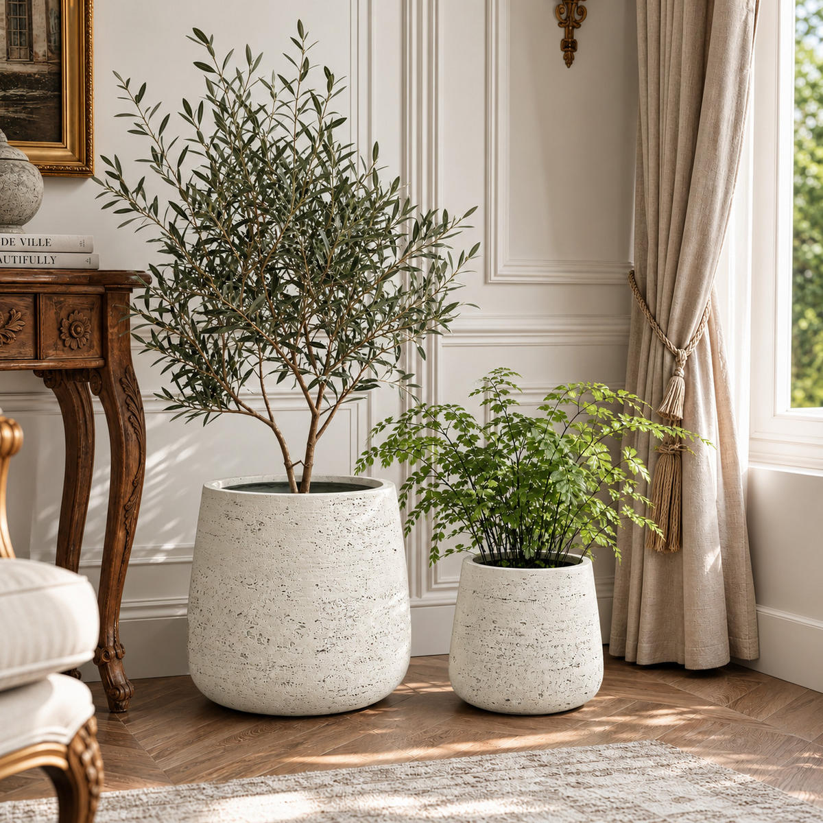 BLUMENTOPF groß & rund mit Ablaufloch, Ø 37 × H 35 cm, Creme - Weiß, Naturmaterialien (36cm) - Hometopia