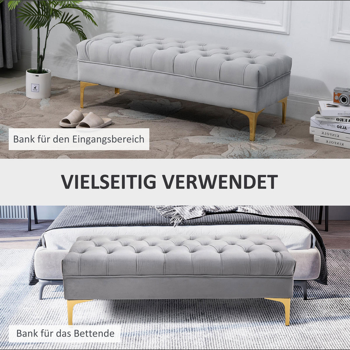 SITZBANK Bettbank Schuhbank mit erhöhten Beine Schlafzimmer Samt Hellgrau - Hellgrau, Kunststoff (45/42/118cm) - HOMCOM
