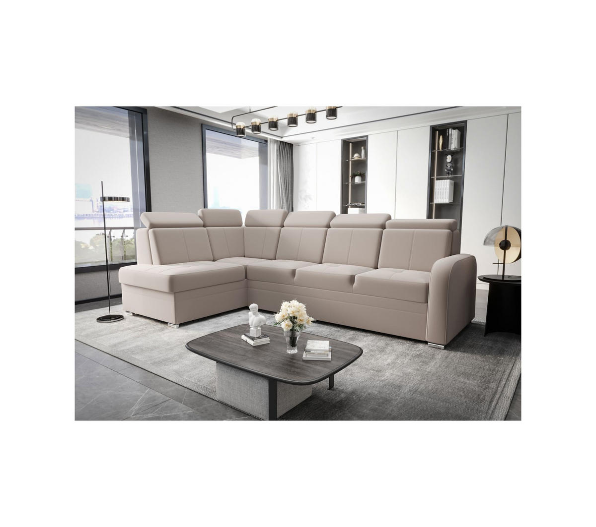 ECKSOFA KONGO RBN11, Eckcouch in L-Form mit Schlaffunktion, Farbe: Beige, Velourstoff, Ottomane Links - Beige, Textil (304/180cm) - O-Sofa