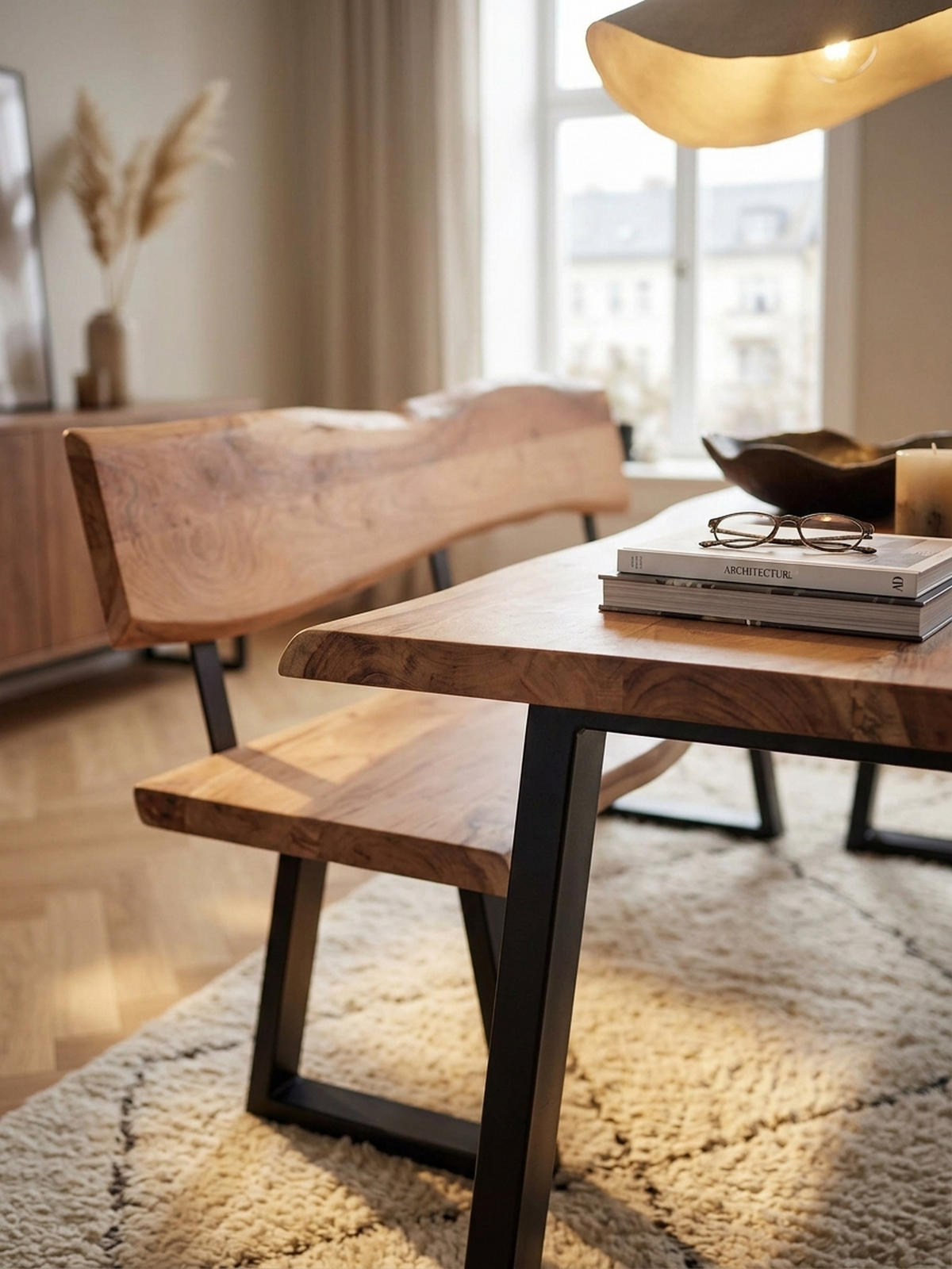 ESSZIMMERBANK Landhausstil Baumkante Akazienholz, Beige 160x60x84 cm - Beige/Schwarz, Holz/Metall (160/84/60cm) - KADIMA DESIGN