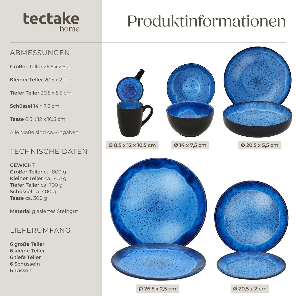 KOMBISERVICE Mare, ineinander stapelbar, blau - Blau, Keramik (26.5/2.5/26.5cm) - tectake