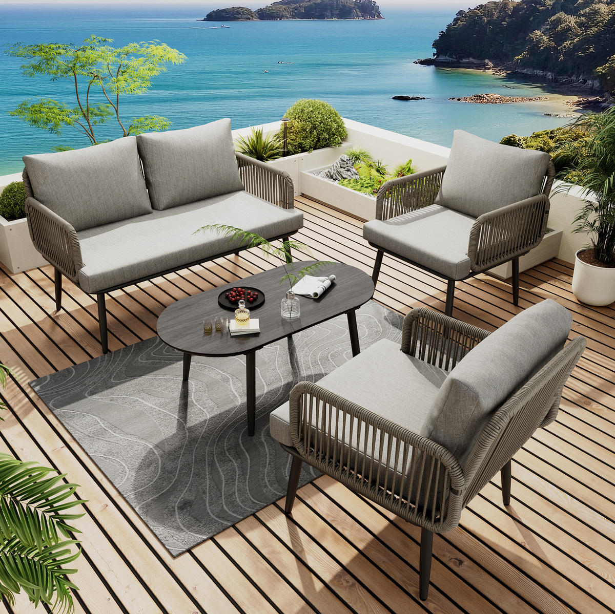ZAHRADNÍ lounge set z galvanizované oceli 120x64x74 cm šedý s ručně pleteným výpletem - šedá, textil - Modfu