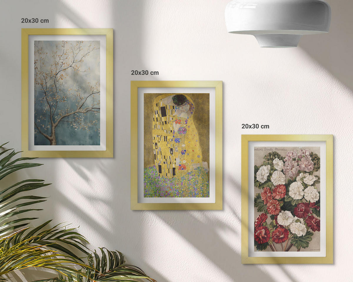 WANDBILDER 3er Set - 20x30 cm Goldrahmen - Blumen des Baumes (Gemälde von Klimt) - Goldfarben, Kunststoff (20/30cm) - ArtPrintCave