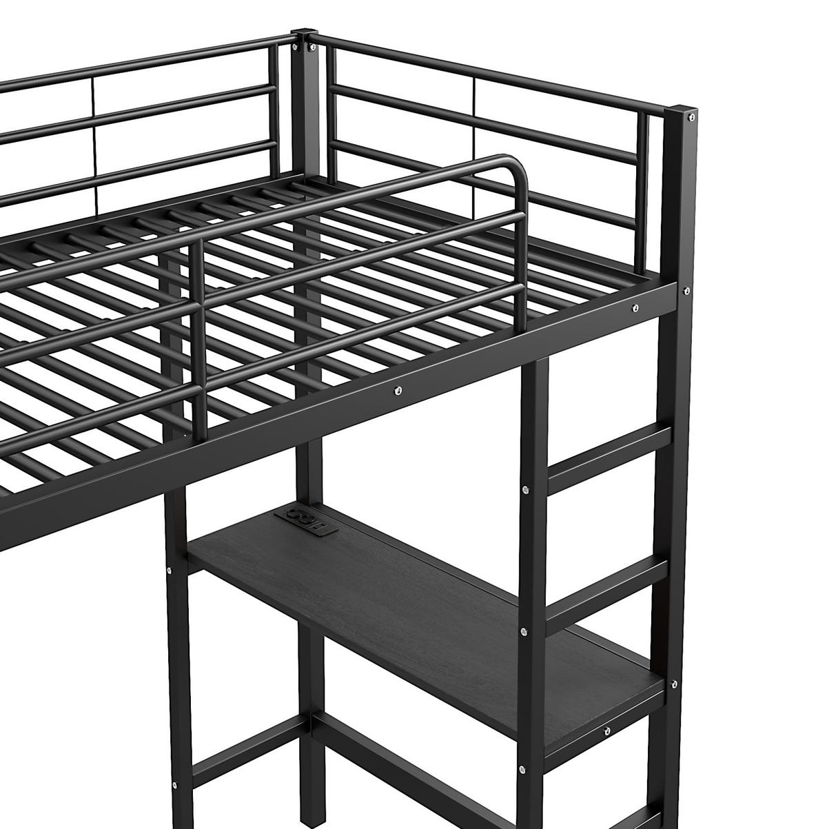 HOCHBETT 90/200 cm aus Metall mit Schreibtisch, Steckdose, USB, Regalen und offenem Schrank, Schwarz - Schwarz, Metall (90/200cm) - Redom
