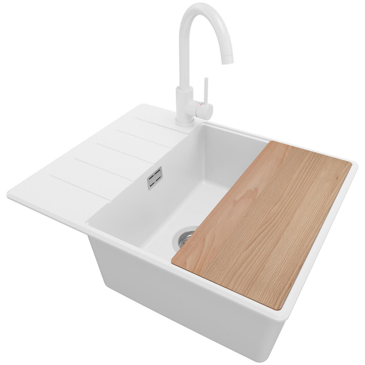 GRANITSPÜLE Kopenhagen, 2-er set Weiß 62/50 cm 1 Becken + Küchenarmatur 32/20 cm + Ablauf-Set + Schneidebrett ab 50er Unterschrank - Chromfarben/Beige, Kunststoff (62/20/50cm) - Primagran