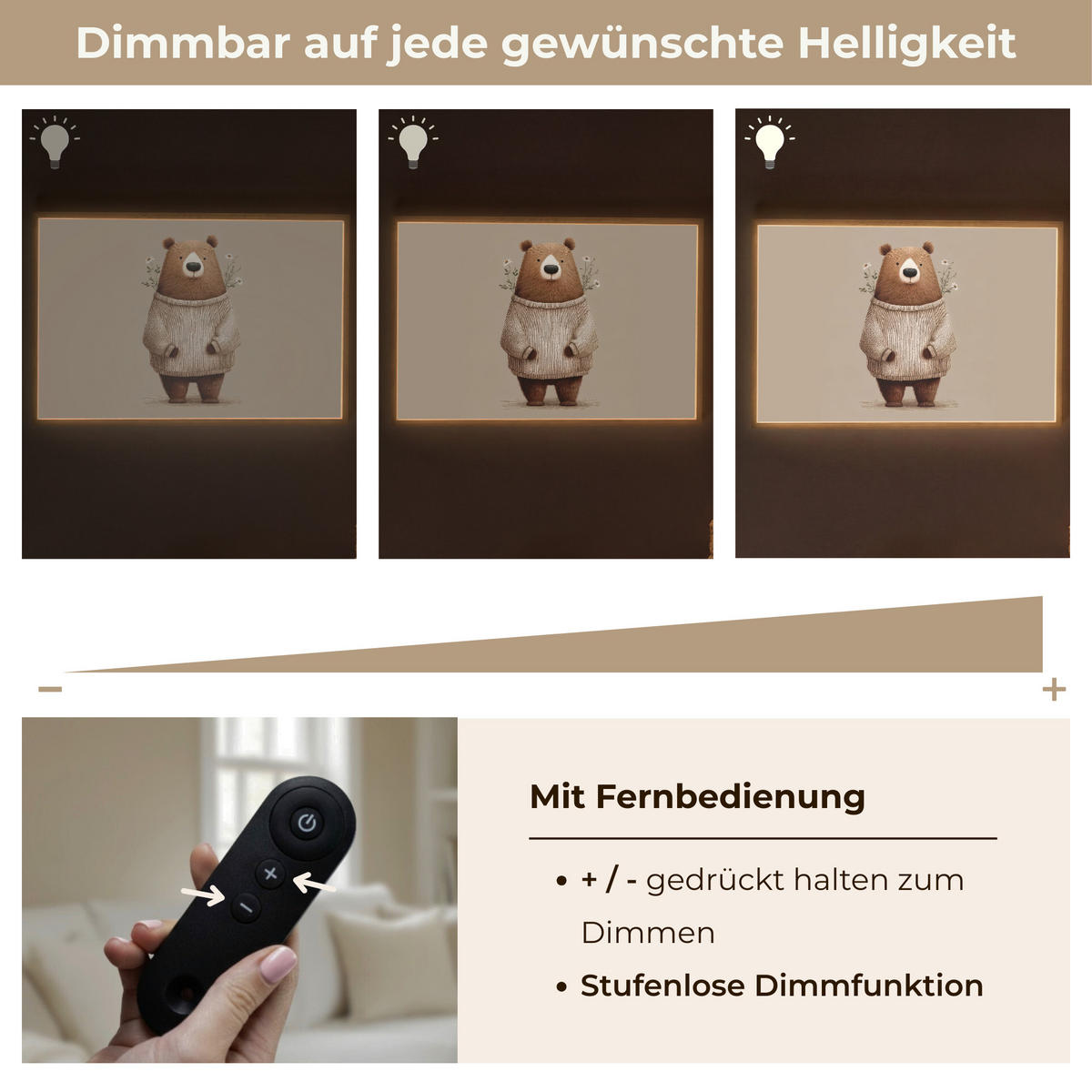 NÁSTĚNNÁ LAMPA S AKUMULÁTOREM Medvěd - Bílé květy - Cosy 100x70 cm - šedohnědá, kompozitní dřevo (100/70/8cm) - OnlyWow