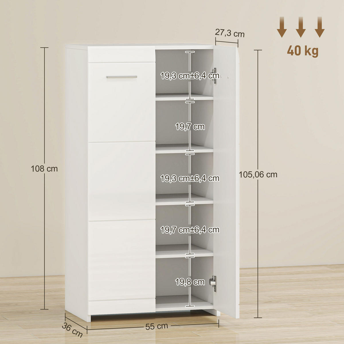 SCHUHSCHRANK Spanplatte Hochglanz-Weiß - Weiß Hochglanz, Holzwerkstoff (36/108/55cm) - HOMCOM