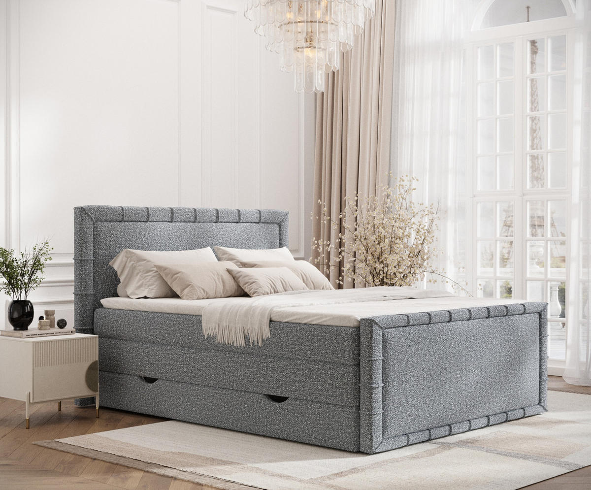 BOXBETT Estelle Grau 180/200 cm im Boucle-Stoff - Schwarz/Grau, Holz/Holzwerkstoff (180/200cm) - Maison de Reve