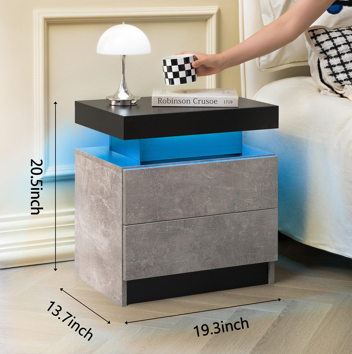 NACHTTISCH 50/53/36 cm grau aus Holzwerkstoff mit LED-Beleuchtung und 2 Schubladen - Grau, Holzwerkstoff (53/36/50cm) - OKWISH