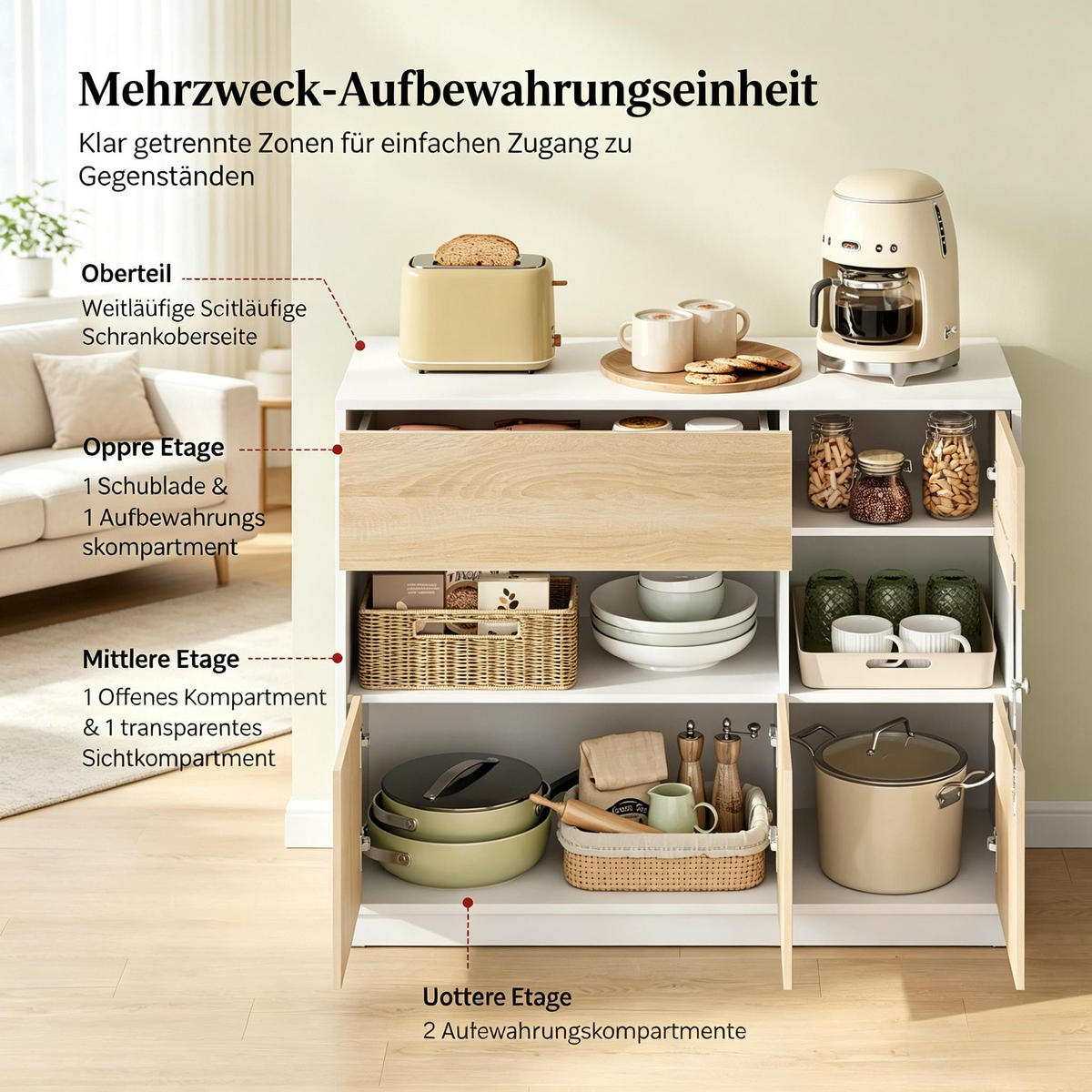 SIDEBOARD DE-38823 100/40/80 cm offenes Fach und Acrylglastür Helle Eiche - Eichefarben, Holzwerkstoff (100/80/40cm) - ComfortXL