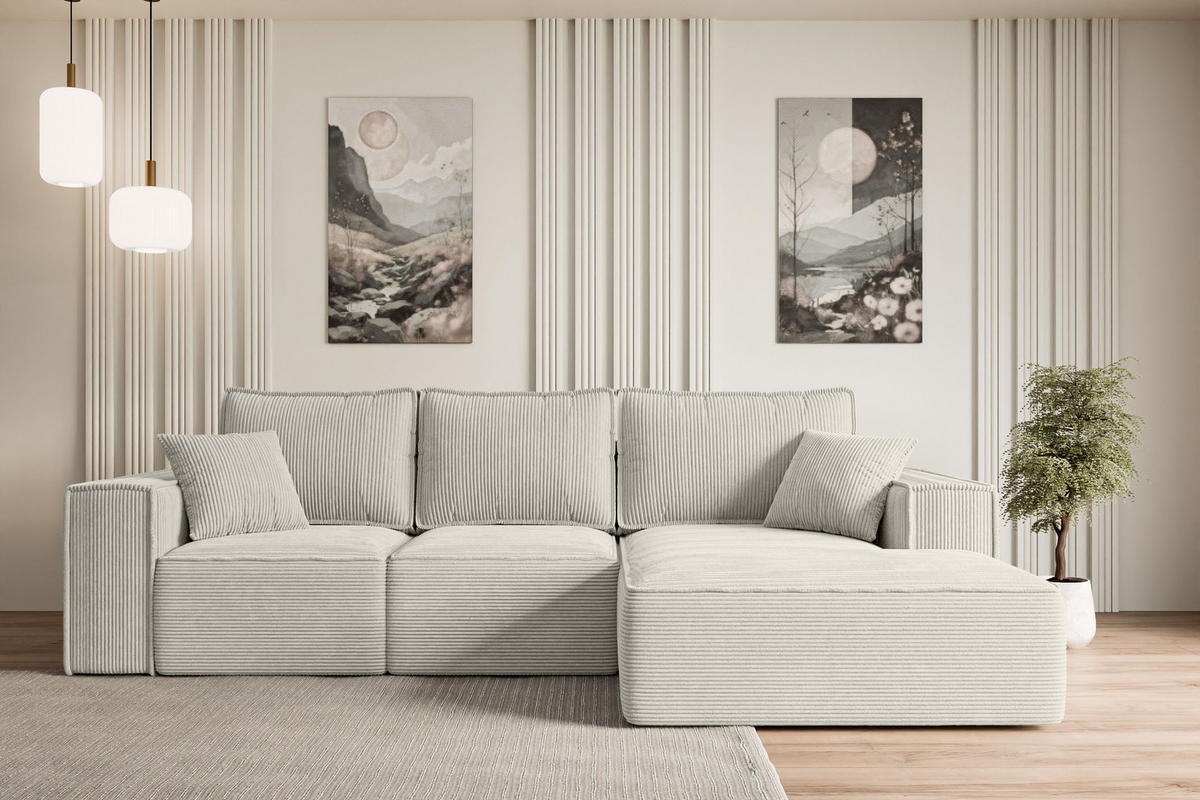 ECKSOFA mit Schlaffunktion und Bettkasten SERRA-L-S - 266x161x87 cm Hellgrau Cord - Hellgrau/Schwarz, Holzwerkstoff/Kunststoff (266/161cm) - ALTDECOR